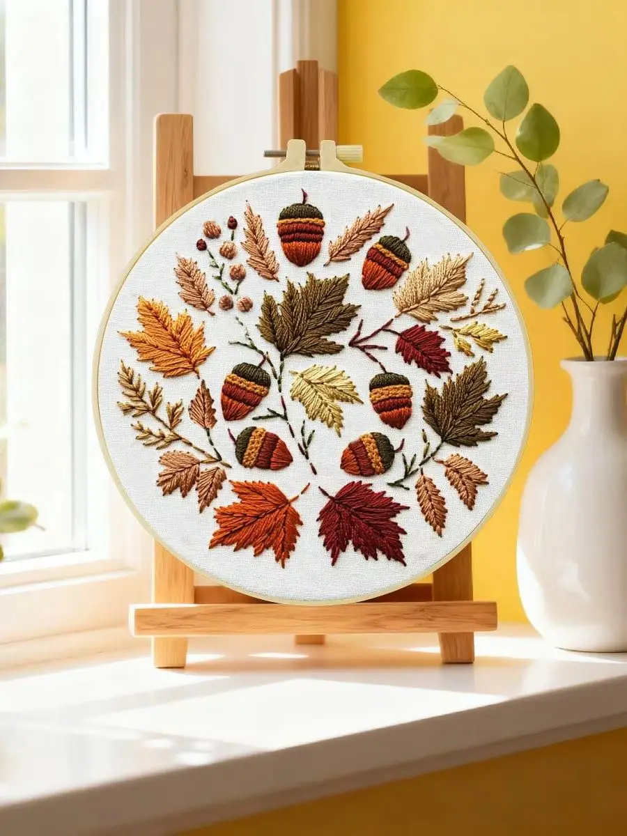 1 Stück 20X20CM/15X15CM 7,87/6,3 Zoll Blätter und Tannenzapfen Stickerei Starter-Kit DIY-Kit DIY-Stickerei-Set Handarbeiten – Detail 6