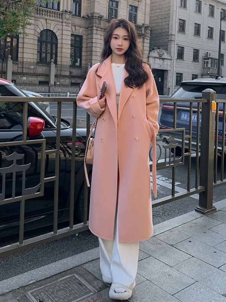 Autumn Winter Loose Woolen Coat for Women Casual Solid Outerwear with Belted Korean Fashion Chic Female Overcoat Outerwear New