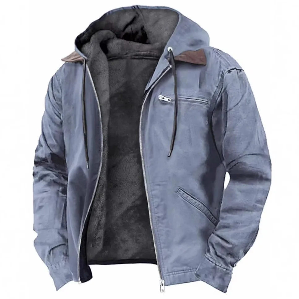 Men's Jacket Casual Retro Hooded Fleece Lined Windproof Drawstring Pocket Zipper Solid Color Trendy Coat for Autumn and Winter