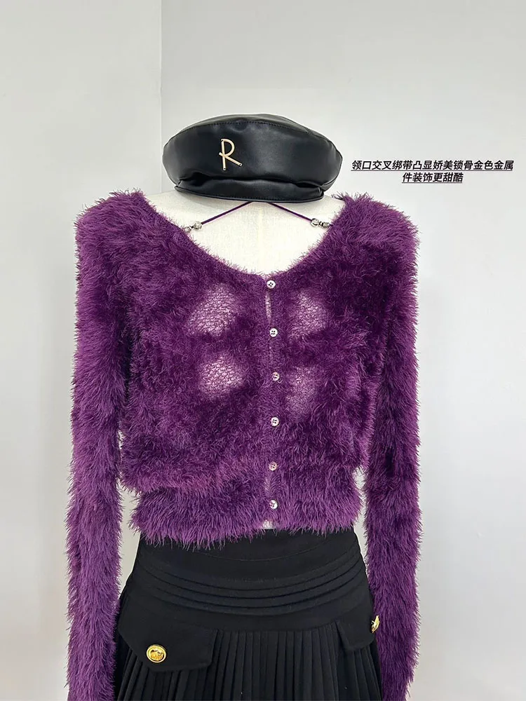 French Sweet Women Purple Sweater O-Neck Long Sleeve Fashion Lace Up Jumper Baggy Single Breasted Plush Pullover Autumn Winter