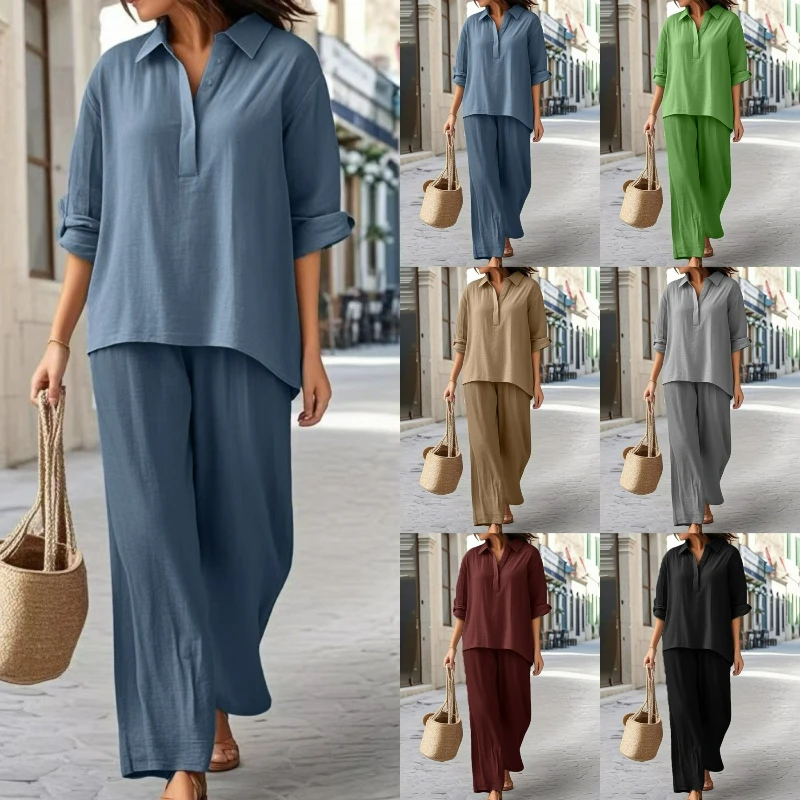 

Women Solid Shirt Two Piece Pant Sets Button Turn Down Collar Tops Casual Full Sleeve Spliced Long Pants Elegant Autumn