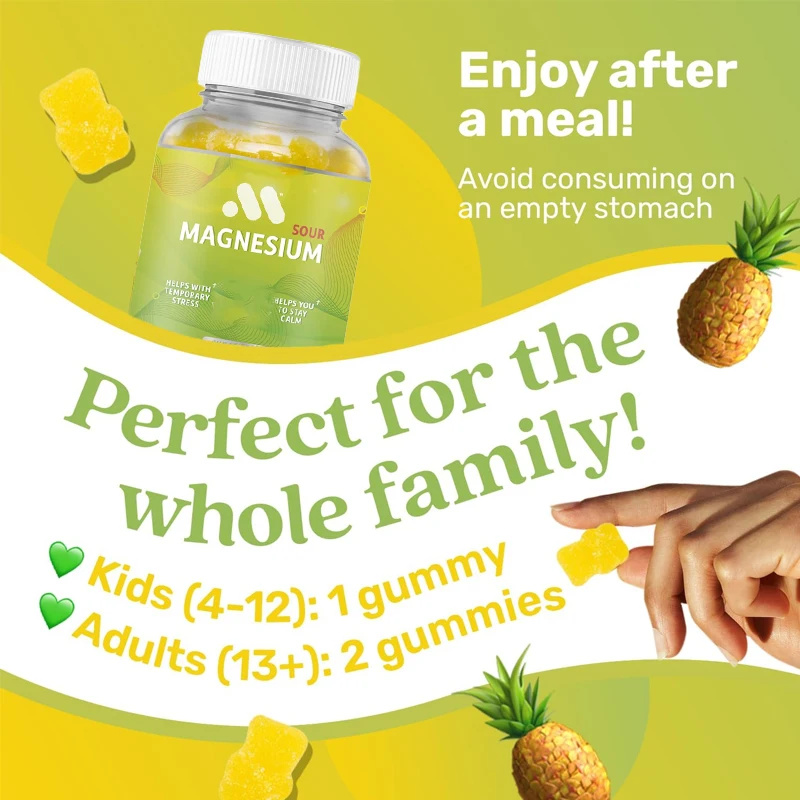 200 milligrams of magnesium glycine relieves stress and sleep - Pineapple flavored 60 magnesium gummies