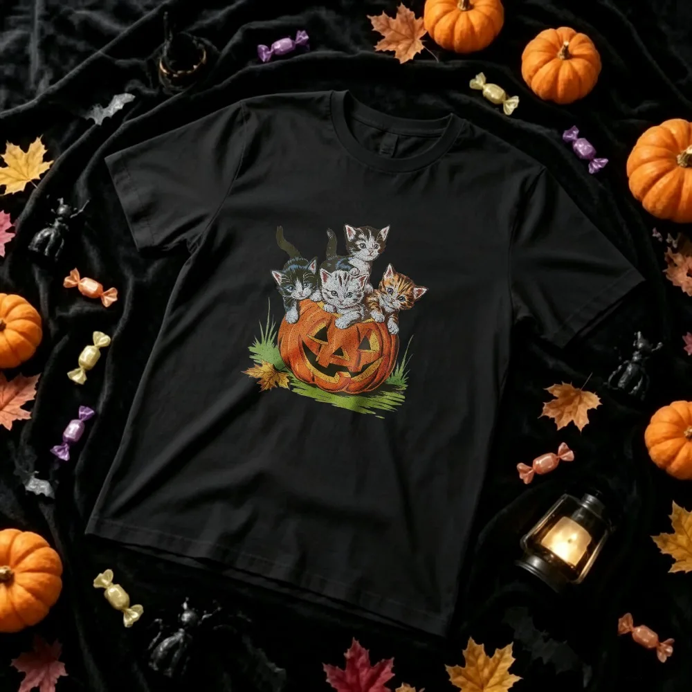 Halloween Cute Kittens in Pumpkin Graphic T‑Shirt Vintage Cat Kitty Jack‑O‑Lantern Fall Maple Leaf Grass Spooky Season Print Top
