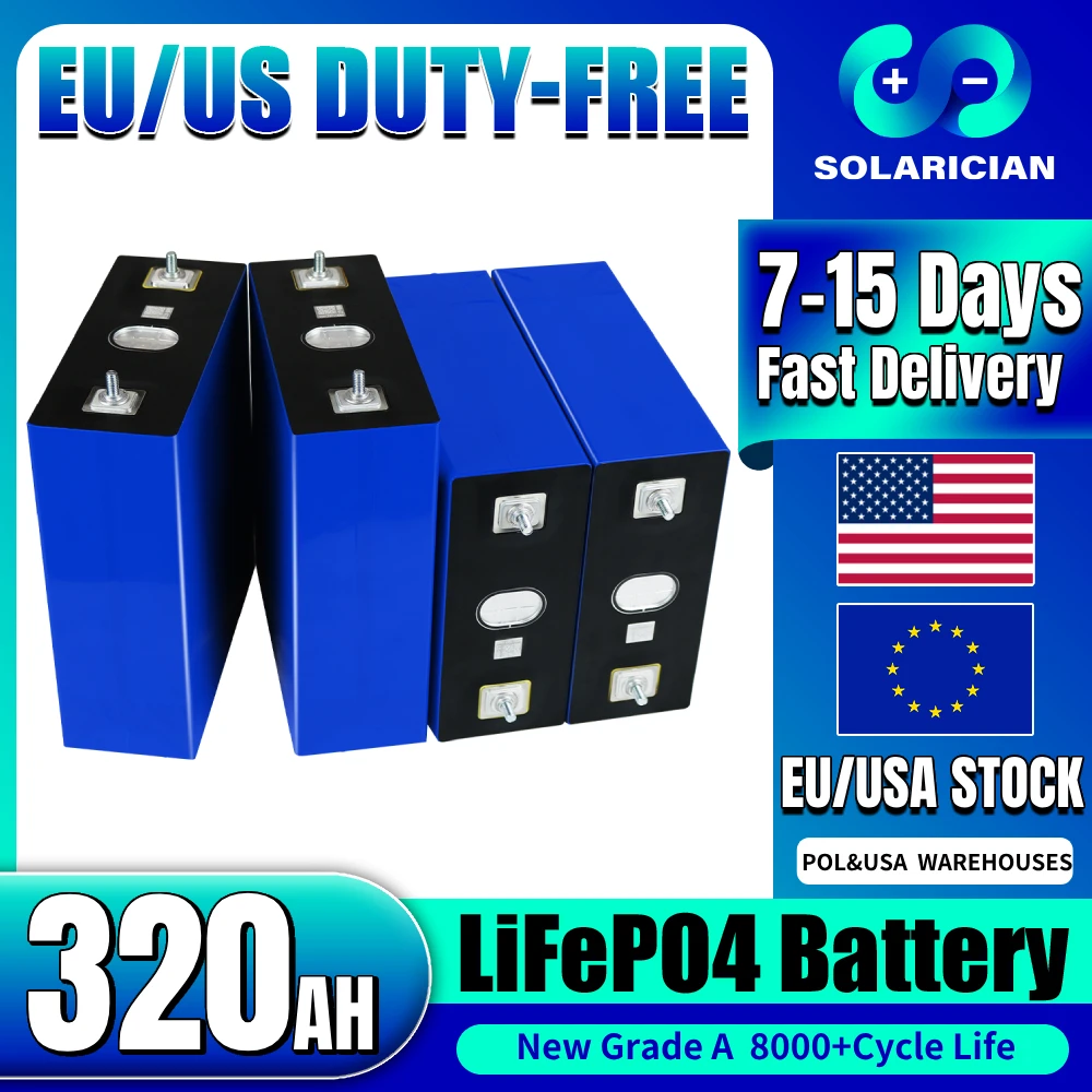 New 8000+ Cycles Lifepo4 320Ah Battery Cell 3.2V Rechargeable Batterie DIY 12V 24V 48V Solar Cell Pack RV EV Camping Yacht Boats