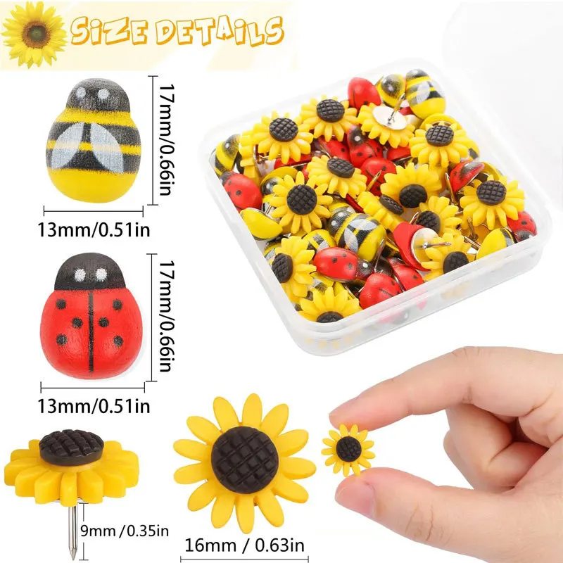 Thumbtack creativo de dibujos animados, girasol, abeja, mariquita, 30 piezas