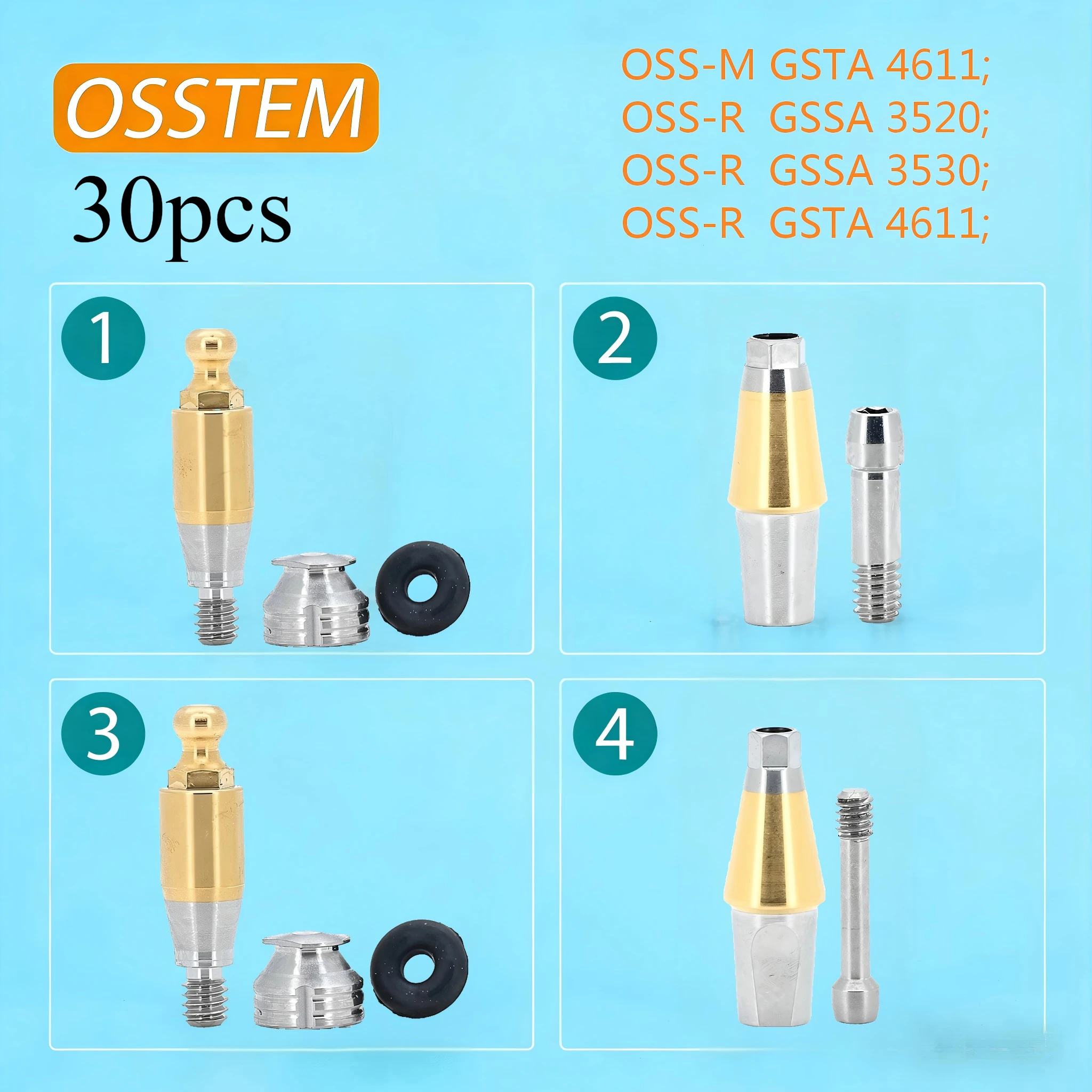 

Набор из 30 зубных имплантатов: прямые и шаровидные абатменты, открытые трансферные копинги, титановый сплав, совместимые с Osstem