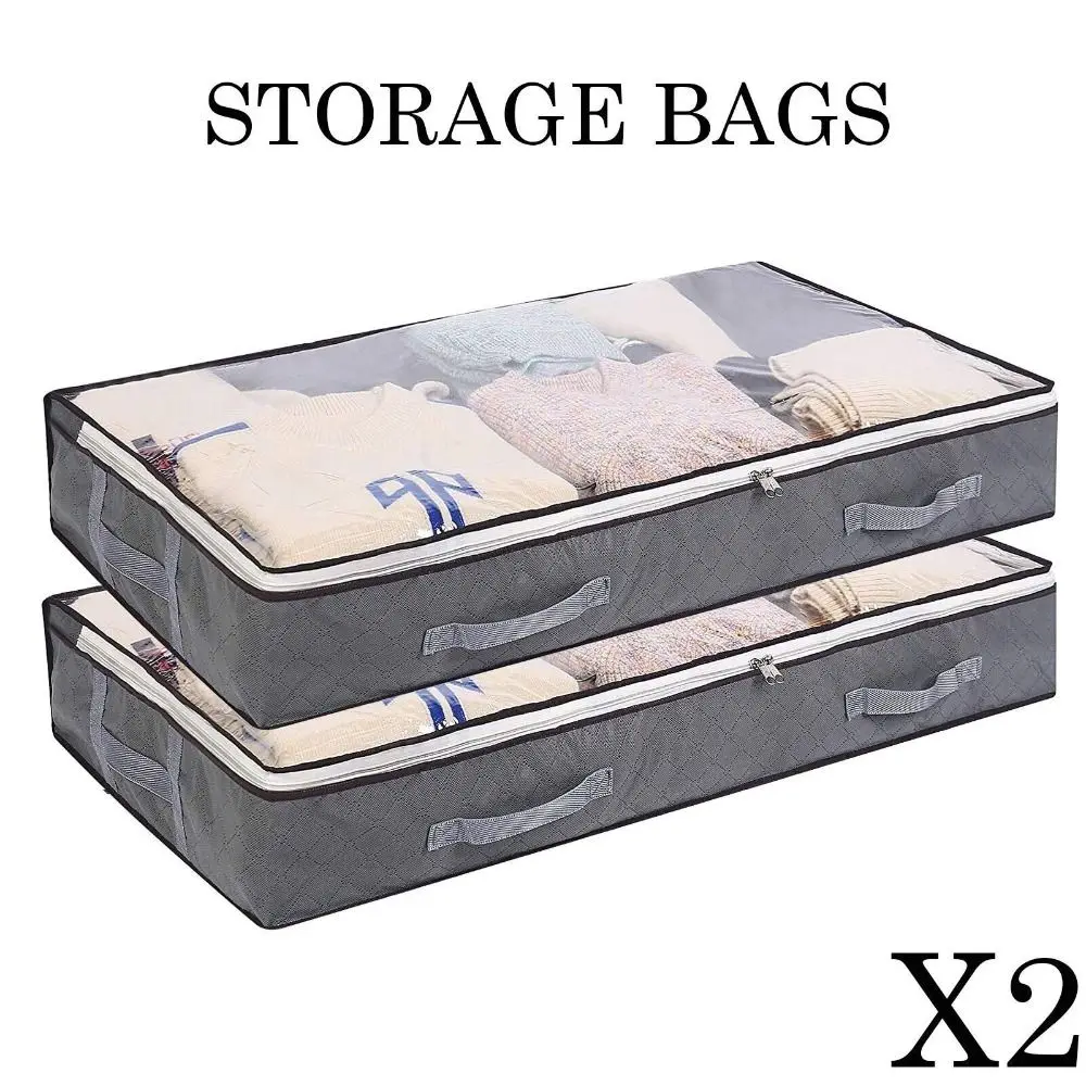 2PCS Large Underbed Storage Bag Dustproof Foldable Fabric Storage Bags Nonwoven Moisture-proof Zipped Organizer Shoes Clothes