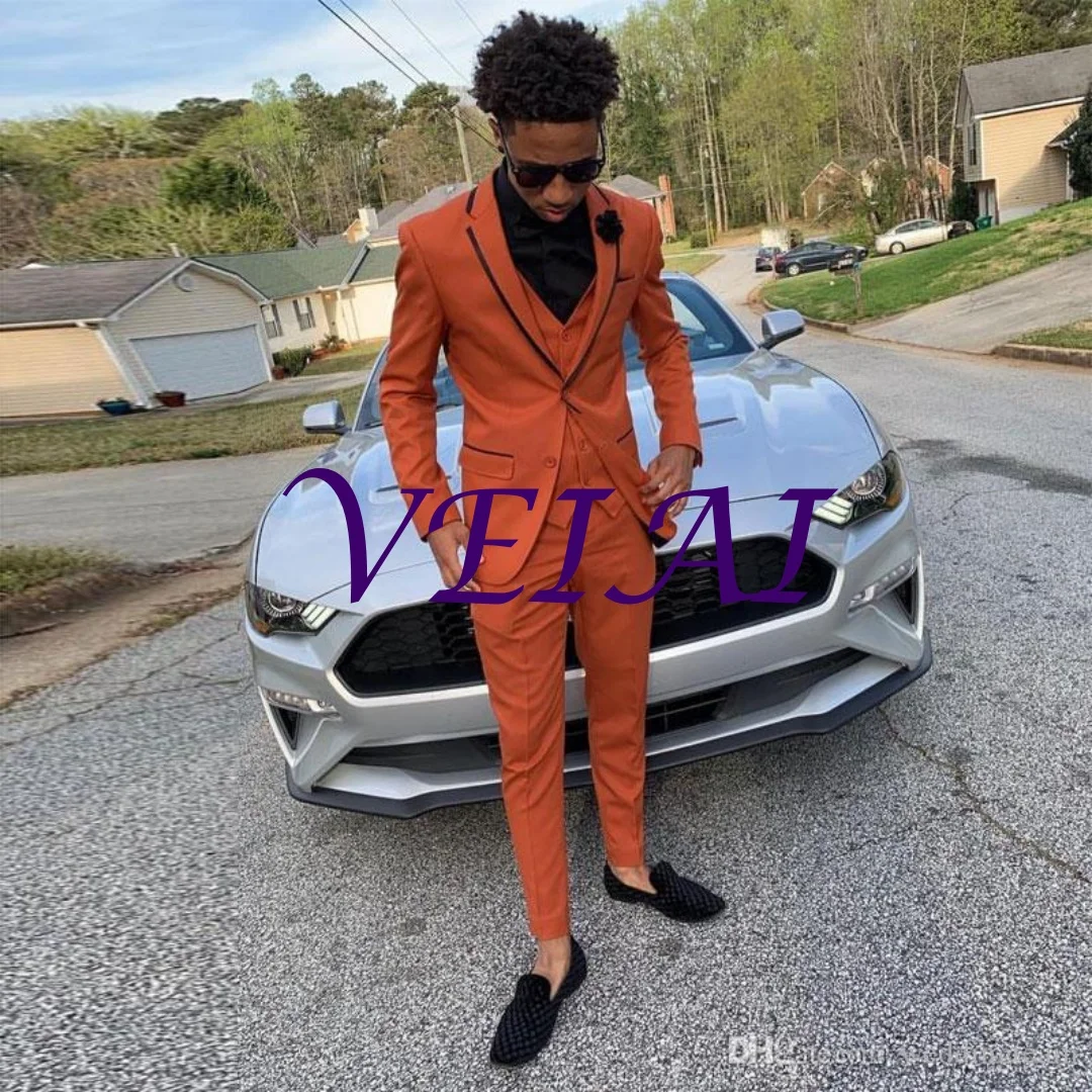 

CustomizedHandsome Orange Slim Fit Mens Suits Notched Lapel Wedding Tuxedos For Men Cheap Three Piece Prom Blazers (Jacket+Vest+