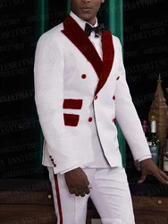 Custom Weiß Männer Hochzeit Anzüge 2 stück Bräutigam Prom Party Smoking Slim Fit Blazer Burgund Kragen Zweireiher Jacke Hosen set