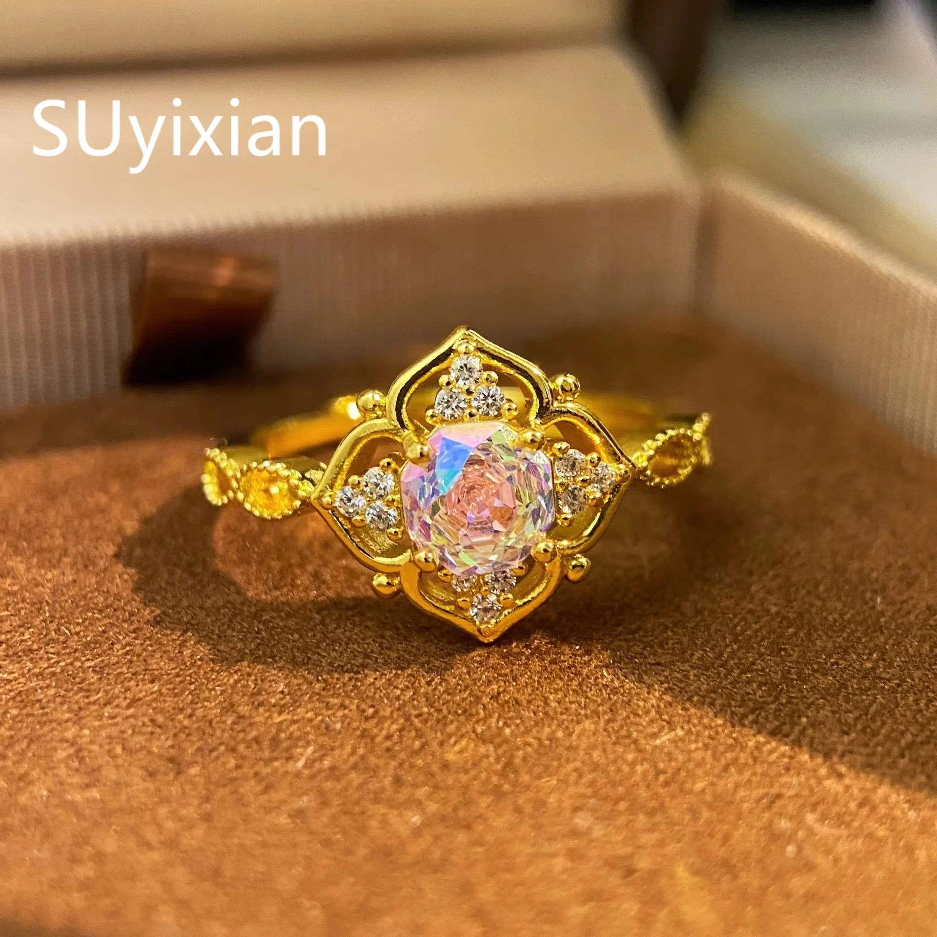 925 Sterling Silver Gold Plated Seiko Millennium Rose Cut Rose Red Zircon Hollow Petal Ring, Ladies Jewelry