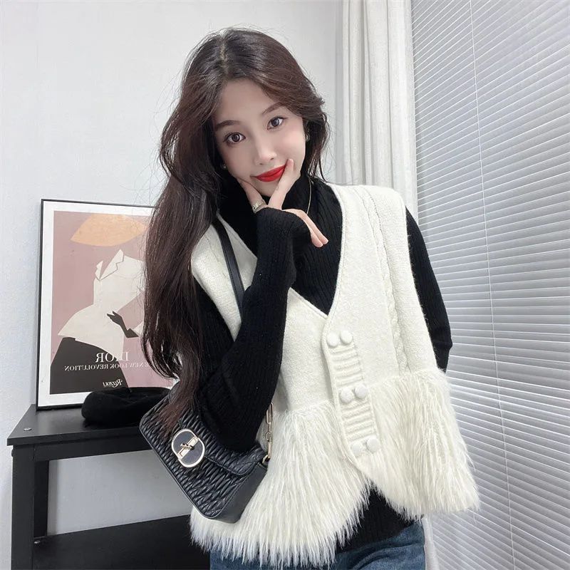 Fluffy Vests Women Spliced Autumn Office Lady Korean Style Elegant Sweet Aesthetic Versatile Prevalent Classic Cropped V-neck