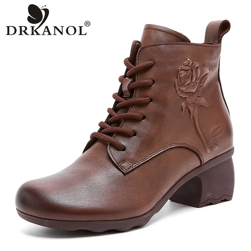 DRKANOL Fashion Genuine Leather Boots Women Handmade Retro Round Toe Flower Trend Comfort Casual Thick Heel Short Ankle Boots