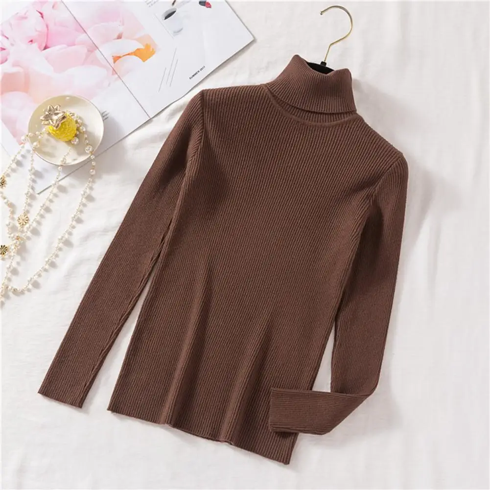 Atasan sweter rajut leher tinggi wanita, atasan elegan modis untuk musim semi musim gugur Slim Fit kemeja dasar warna Solid lengan panjang