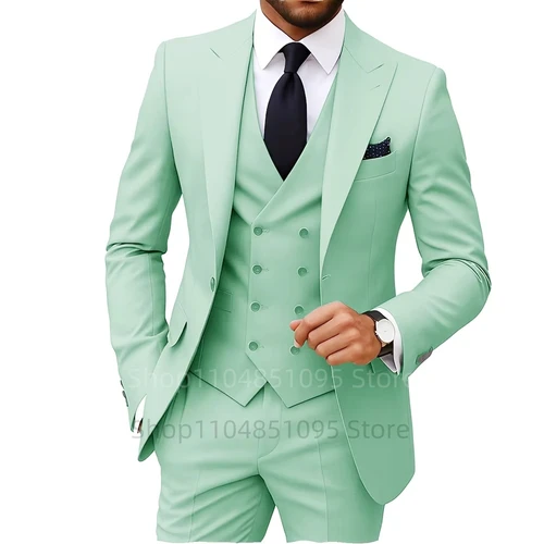 Imagen 2 del producto Trajes formales de negocios a la moda de Color sólido para hombre, traje de boda, esmoquin entallado para novio, conjunto de 3 uds., vestido, chaqueta con solapa, chaleco, pantalones