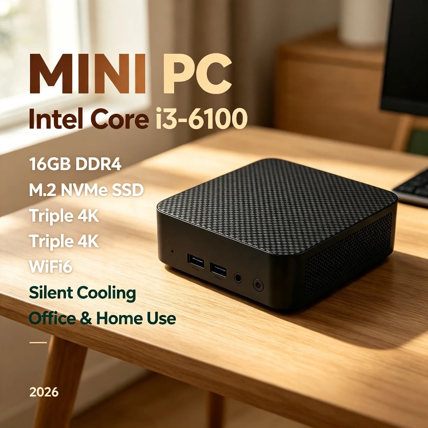 Intel Core i3 6100 Portable Mini PC 16GB DDR4 M.2 NVMe SSD Triple 4K WiFi6 Silent Cooling Desktop Computer 2026 Office Home