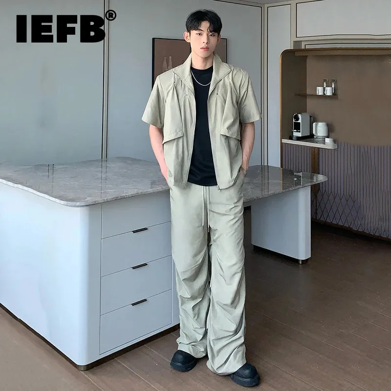 

IEFB Niche Style Men's Two-piece Shoulder Pads Zipper Short Sleeve Coats Elastic Waist Straight Leg Male Casual Pants New 9C6780