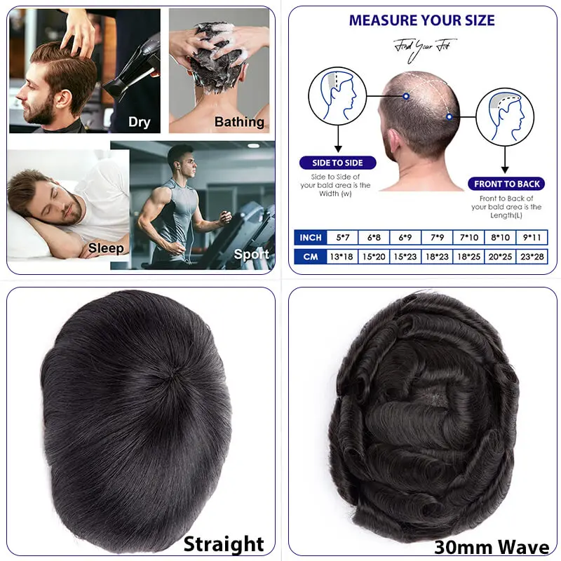 Toupee Wig pria 0.08-0.10mm dasar kulit pria tahan lama rambut palsu pria prostesis rambut manusia alami untuk Unit sistem kapiler pria