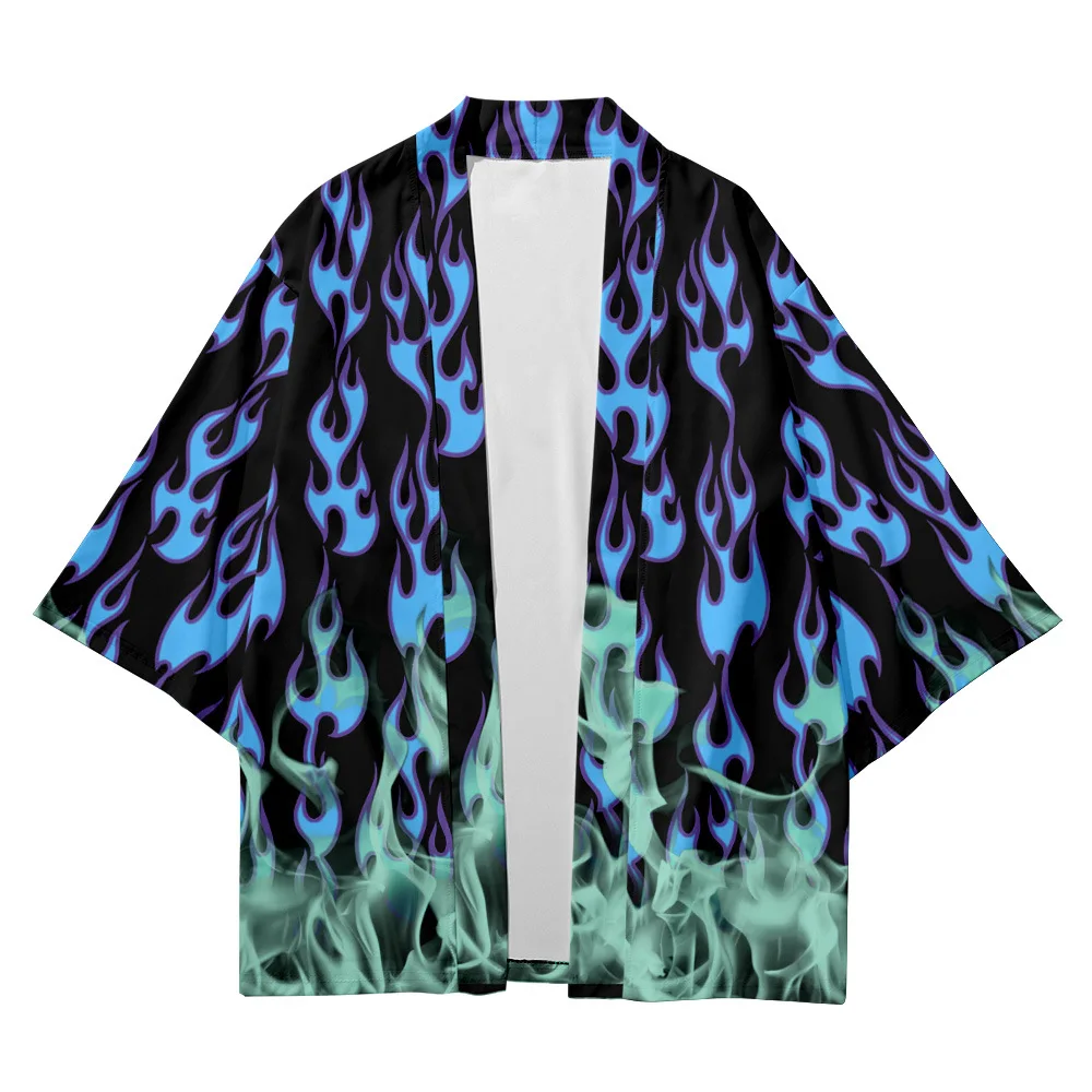 

Japanese Style Sets Fashion Kimono Men Women Plus Size 6XL Blue Flame China Harajuku Cardigan Haori Obi Asian Clothes Pants Suit