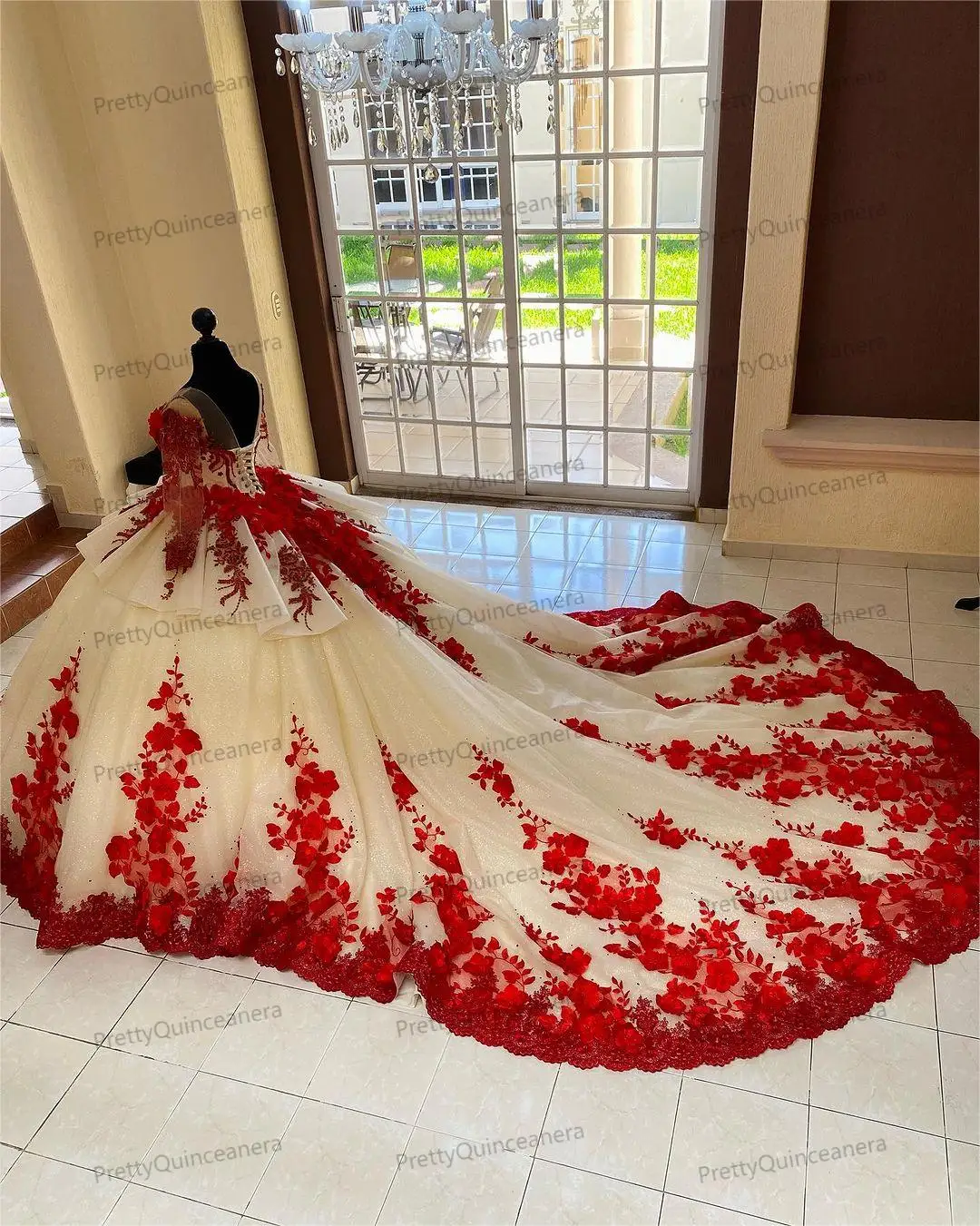 Pretty Long Sleeves Tiered 3D Flowers Scoop Quinceanera Dress Champagne and Red Big Train Ball Gown for Sweet 16 Birthday Party