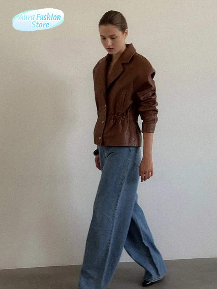 

Brown Leather Lapel Short Jacket Women's Fashion Single Breasted Waist Cinching Chic Coat Lady 2025 Autumn Office Commute Outfit