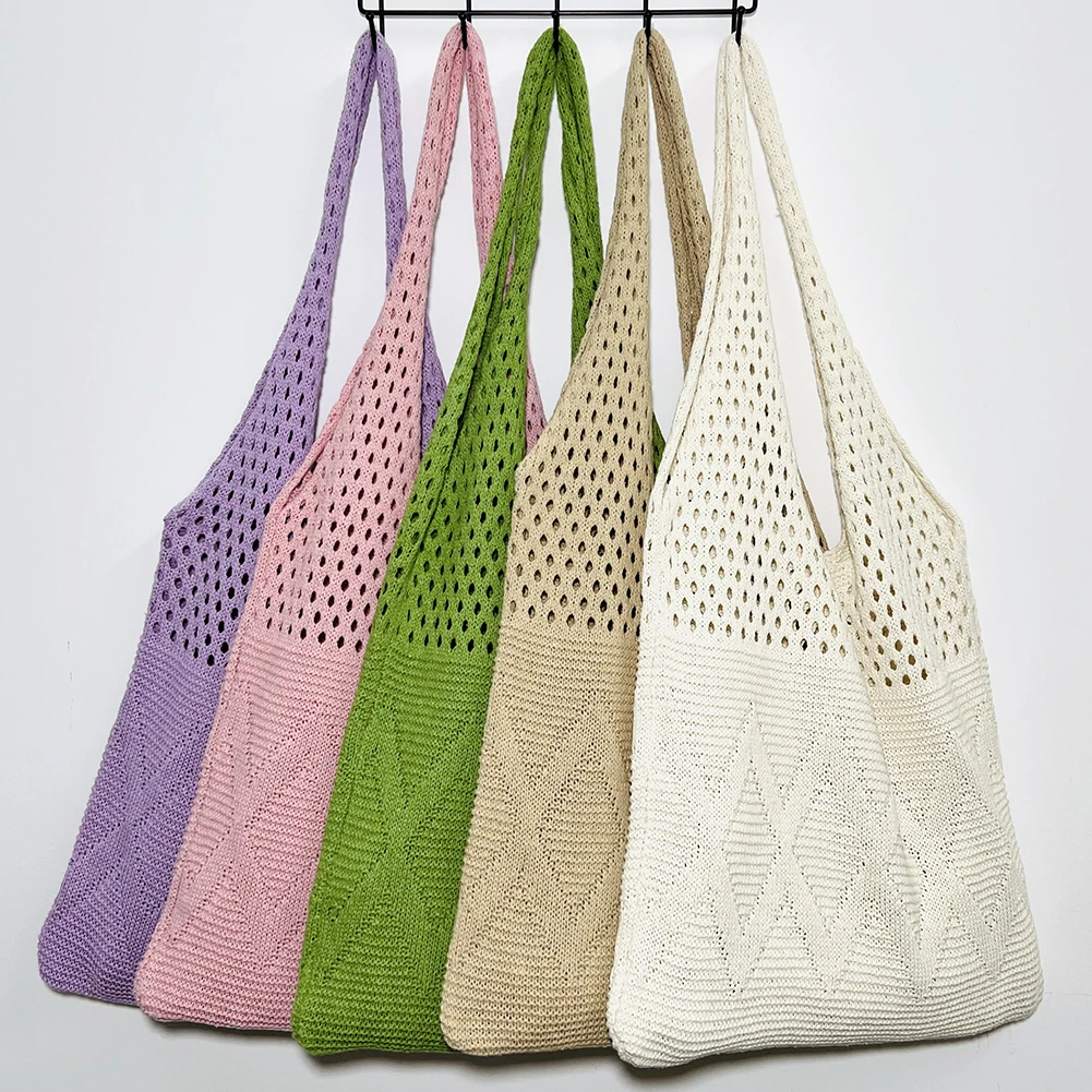 

Polyester Fiber Shoulder Bag Large Capacity Women Shoulder Totes Solid Color Shopping Bags Hollow Out for Casual Shopping Travel
