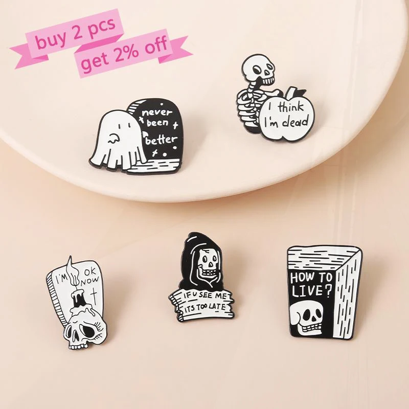 Pines I Think sono morto sono OK ora distintivi con risvolto gioielli Punk gotici regalo spilla smaltata con umorismo nero personalizzato Boo Ghost Quotes