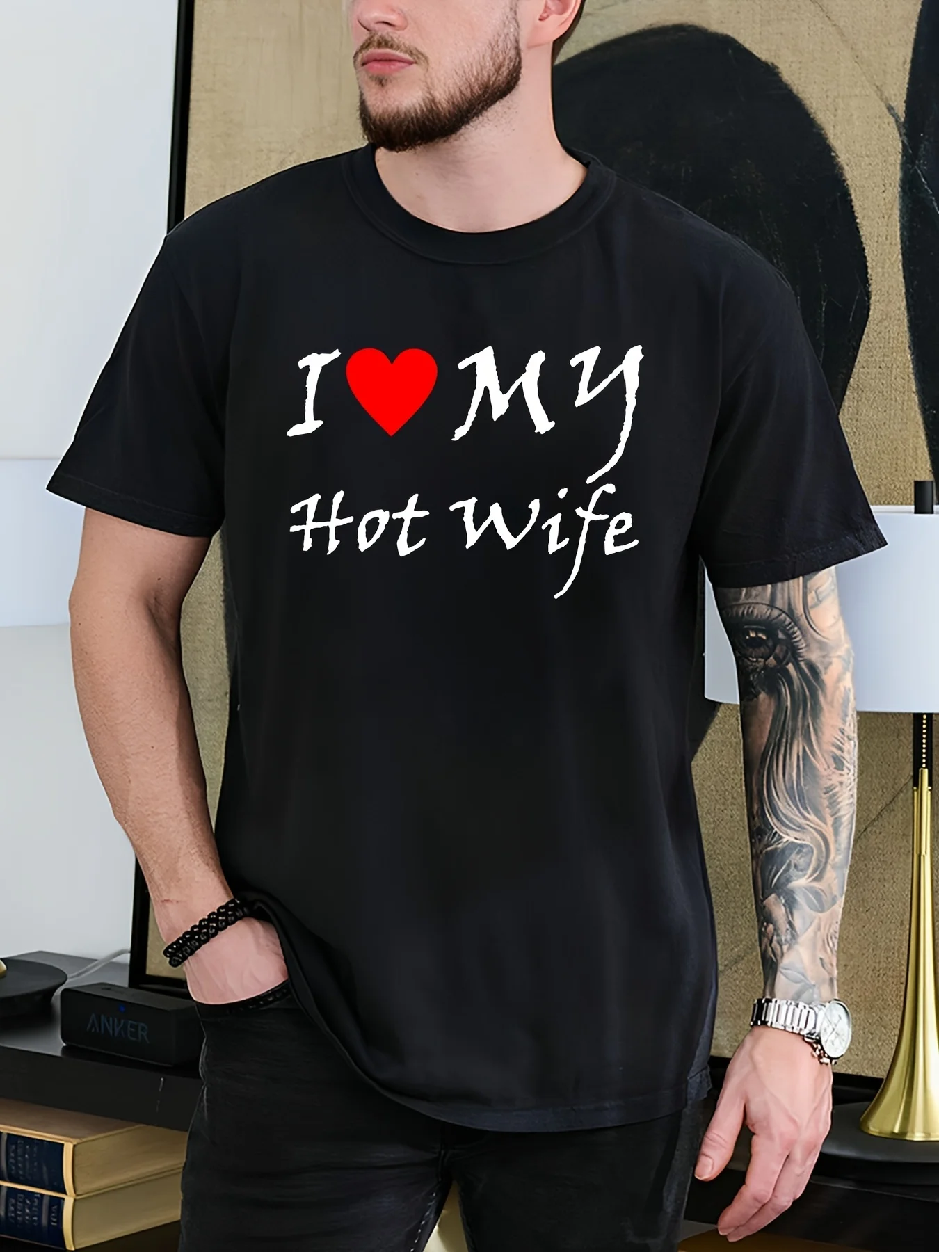 1pc, Love Wife Pattern Printed T-shirt, Pure Cotton Comfortable Breathable Top, Suitable For Couples To Wear Together, Casual Ro