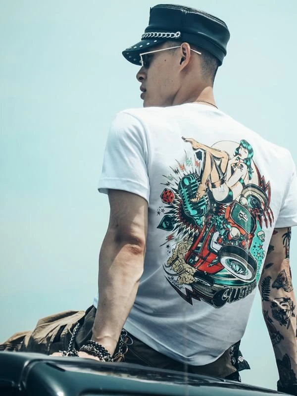 Summer Japanese-style Aged American Retro Motorcycle Short-sleeved T-shirt Punk Tough Guy Rock Personality Street Male Trend