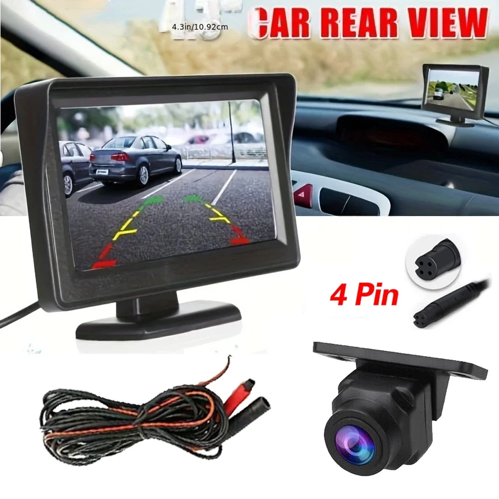 4 Pin 4.3inch Monitor Backup Camera, Car Rear View Camera HD Display Parking Reverse System, For Pickup Van RV 12V Full Set