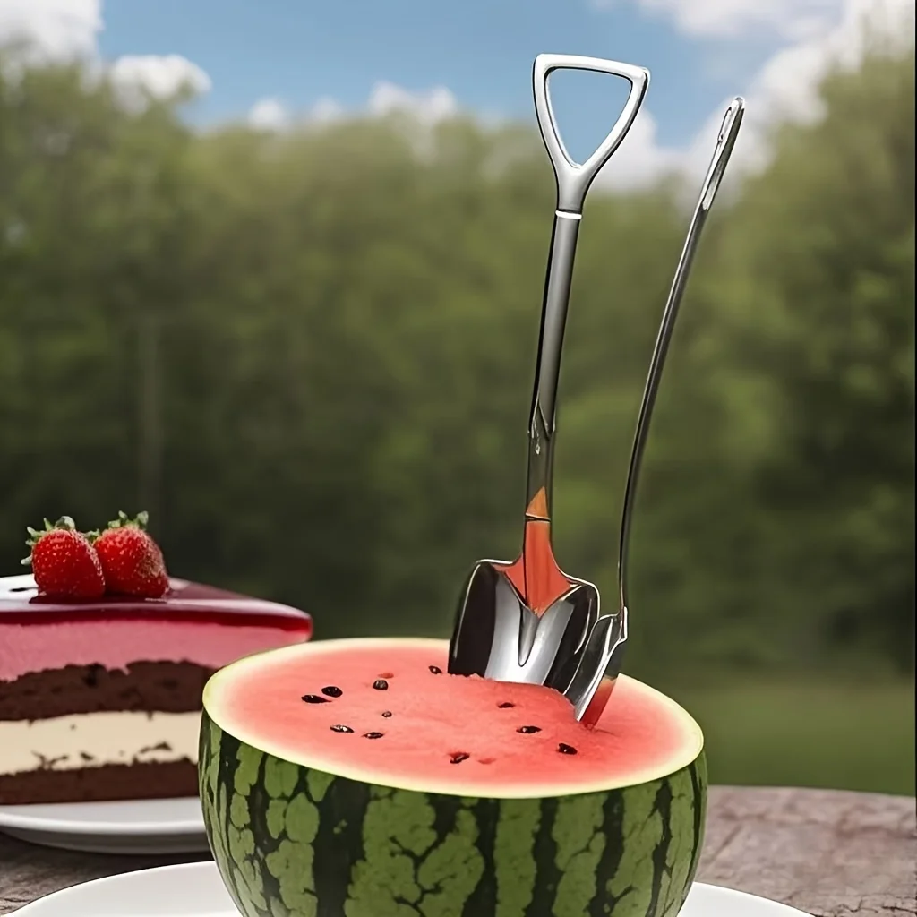 

4 Stainless steel outdoor portable metal spoons, creative dessert watermelon spoon shovel fruit soup spoon, dessert spoon