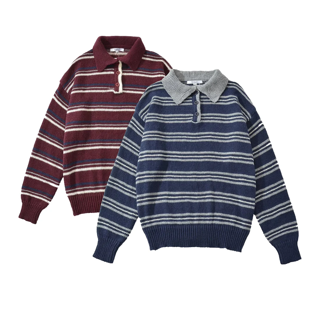 

Korejepo New Women Clothing European American Style Fashionable Simple Versatile Long Sleeved Lapel Striped Knitted Sweater Top