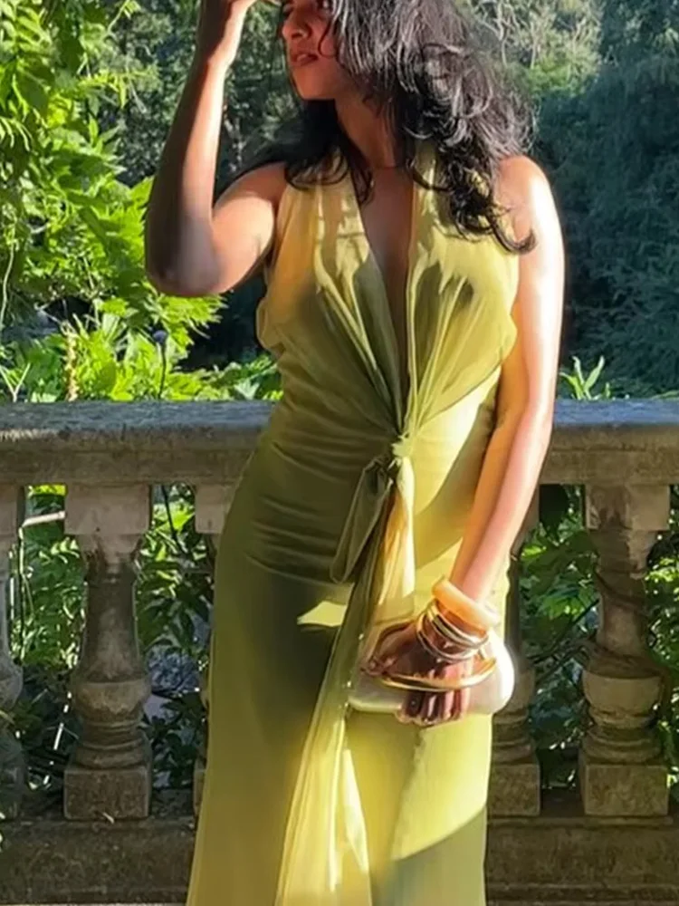 HH Vrouwen Zomer Terug Rits Geleidelijke Knoop Decoratie Backless Lange Jurk Vrouwelijke Sexy Opknoping Hals Kraag Mouwloze Jurk