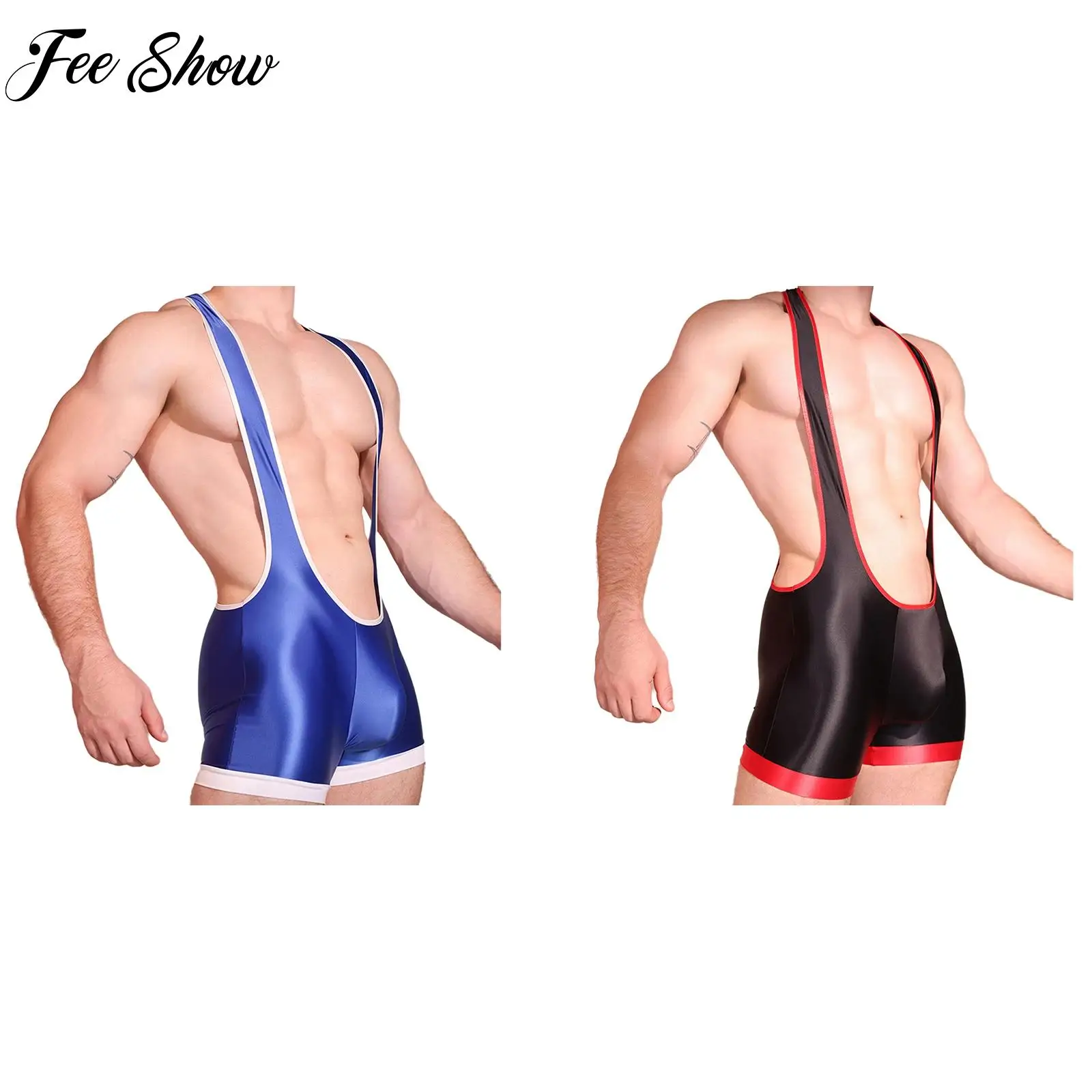 Men's Undershirts Slim Bodysuit Deep U Neck Glossy Sleeveless I Back Bulge Pouch Contrast Color Stretchy Wrestling Gym Fitness