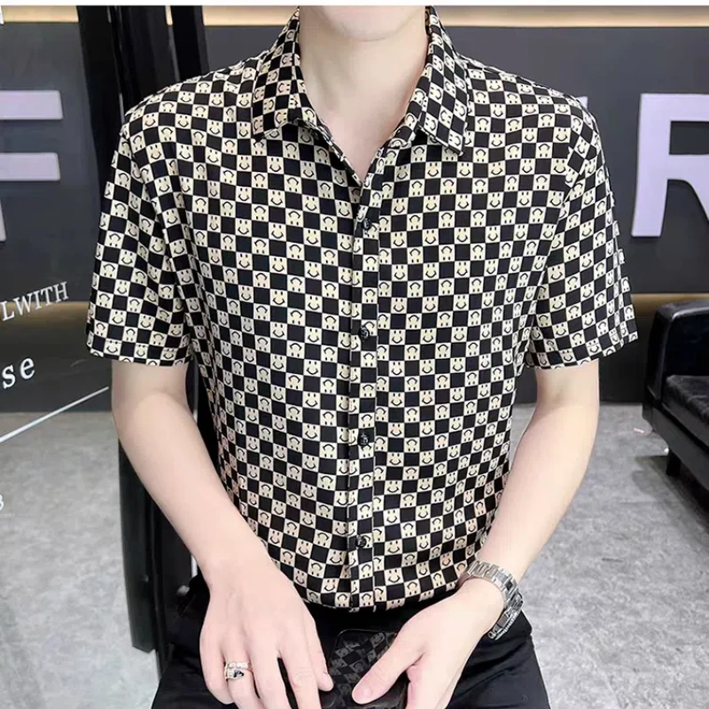 Trend Versatile Summer New Thin Shirts Men Clothing Lapel Print Plaid Single Breasted Streetwear Fashion Slim Short Sleeve Tops