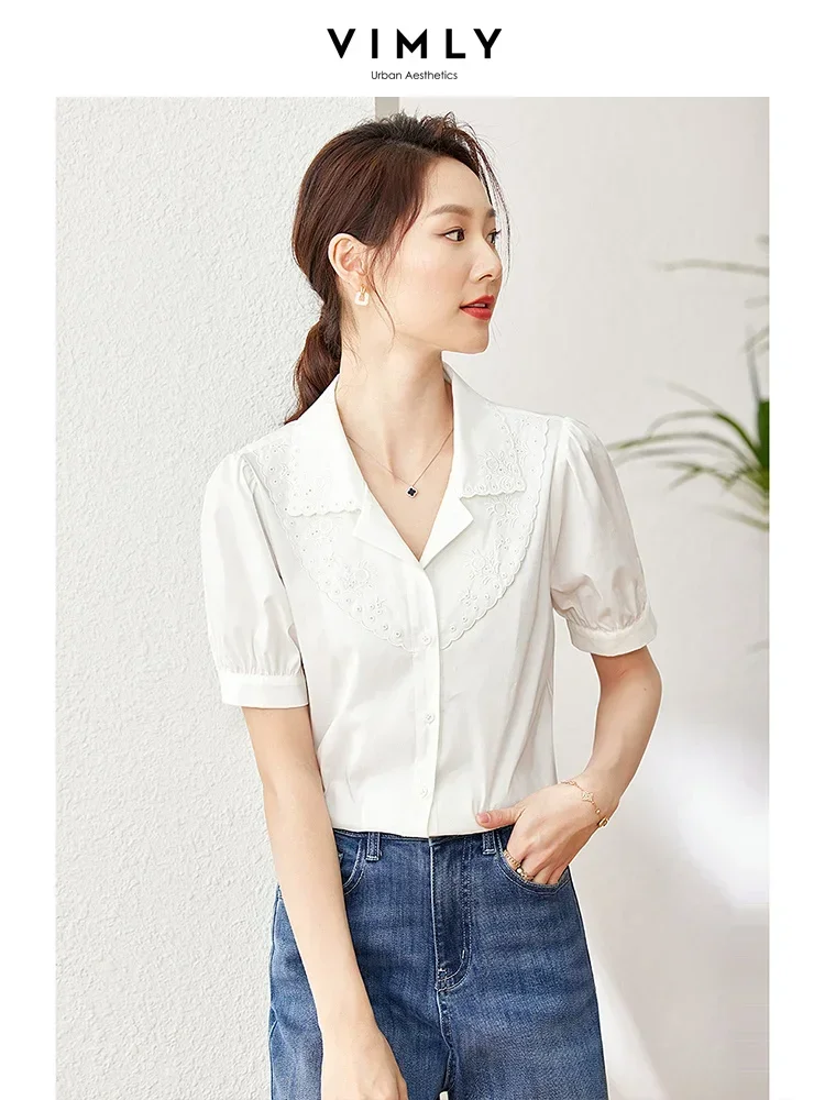 Vimly White Short Sleeve Shirts for Women Sweet Puff Sleeve Elegant Summer Top Hollow Out Embroidery Female Shirts and Blouses