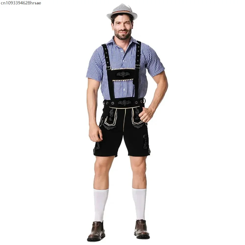 البيرة قميص الحمالة السراويل قبعة تأثيري ازياء البافارية Octoberfest الألمانية البيرة زي الذكور مهرجان أكتوبر Lederhosen زي