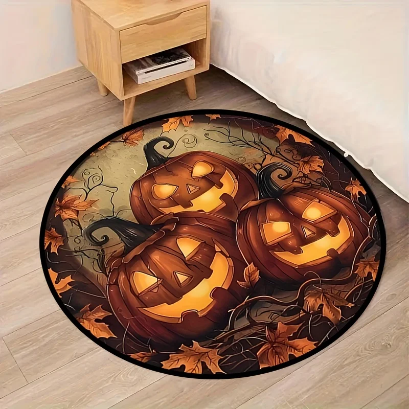 Spooky Halloween Circular Decor Mat Vintage Wood Door Ghost Pumpkin Black Cat Bat Printed Round Rug Fall Holiday Home Decoration