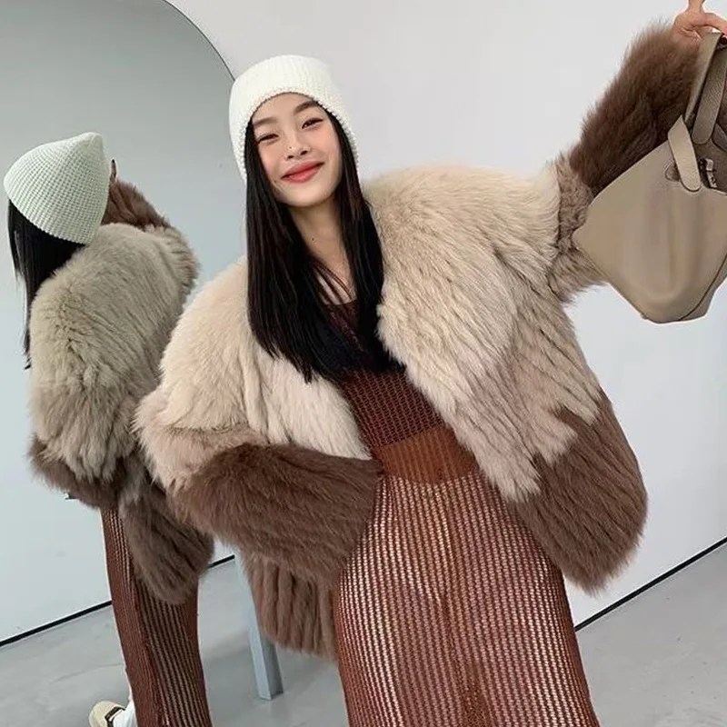 

Haining's New Fox Fur Car Stripe Fur Coat for Women's Mid length Contrast Color Matching Young Korean Edition Celebrity 2023