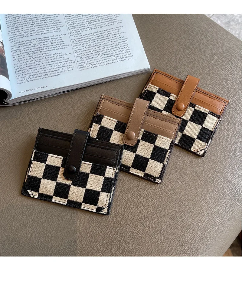 2026 Delicate Vintage Grid Canvas Mini Card Holder Women Slim Multifunctional Driver License Pouch
