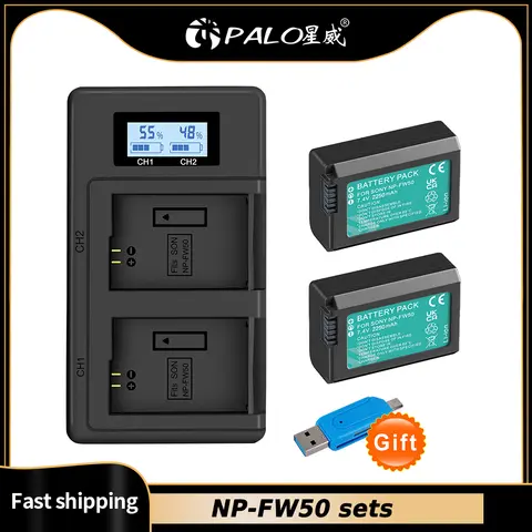 PALO NP-FW50 NP FW50  Battery for SONY + LCD USB Dual Charger for Sony Alpha a6500 a6300 a6000 a5000 a3000 NEX-3 a7R Camera