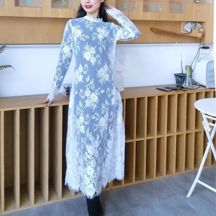 

Slim Fit Long Lace Dress Hollow out Thin Style Women's Korean Version Commute Style Nylon Fabric Full Sleeve mid Length