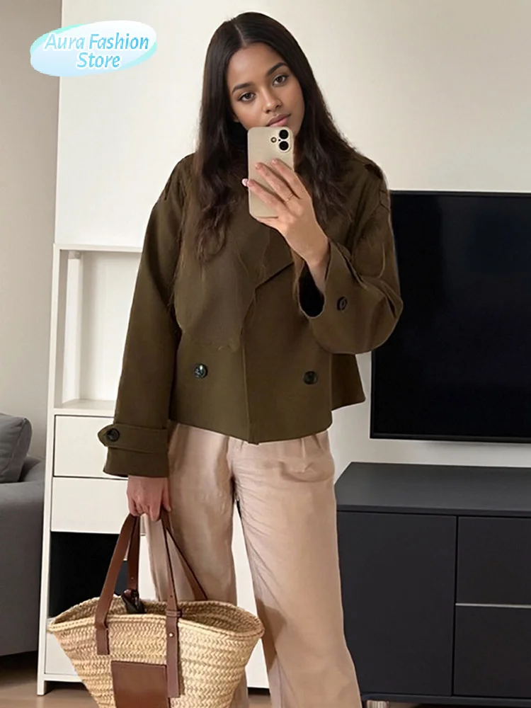 

Women Retro Green Short Trench Coat Fashion Solid Lapel Double Breasted Loose Outerwears Lady Autumn Daily Commute Street Coats
