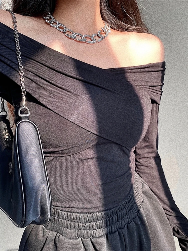 WOMENGAGA Winter Base 2022 Autumn New Sexy Tight Slimming Off-shoulder Cross Long-sleeved Top Sweater Pullovers AL16