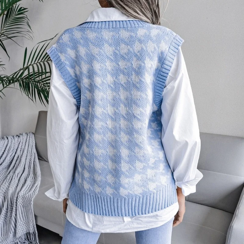 women\'s Houndstooth knit sweater vest autumn 2023 new loose V-neck sleeveless elegant fashion casual vest sweaters pullover