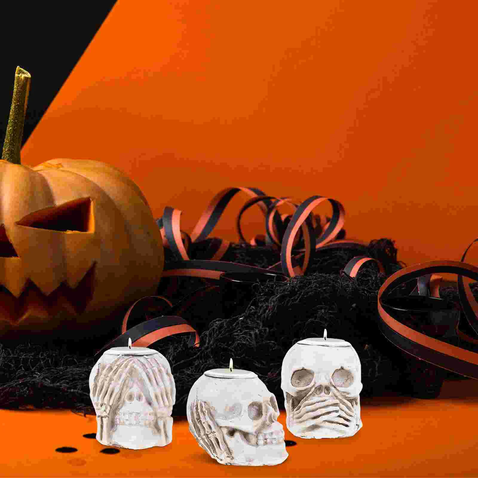 

3 Pcs Halloween Horror Decoration Decorative Holders Home Tabletop Candlesticks Skull Desktop Gothic