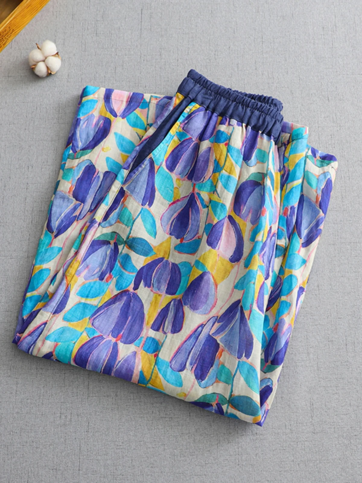 Calça feminina casual de perna larga, tamanho grande, corte reto, estampa de linho, cintura alta, emagrecimento, multifuncional, verão, sazonal, faion