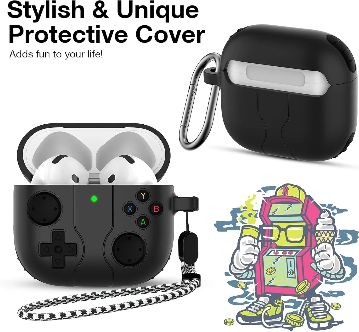 2024 Nowość dla AirPods 4 Etui Classic Handheld Game Console Protector Skin Cover z brelokiem i smyczą do AirPods 4 Case 2024