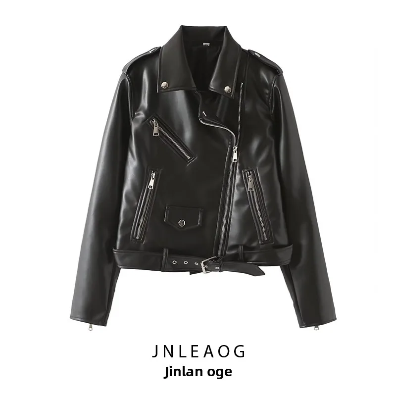 JNLEAOG Women's Faion Motorcycle Sle Leather Jaet Autumn New Design Sensation Artificial Leather Straight Tube pe