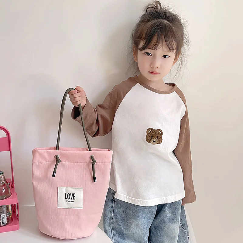 Casual Design Children's Shoulder Bag Letter Pattern Girls Bucket Crossbody Bags Portable Boys Kids Simple Tote Purse Handbags