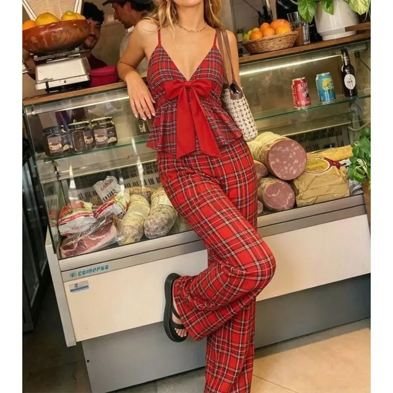 Women's Christmas Costumes Outfits Plaid Print Spaghetti Strap Ruffle Hem Bow Tied V-Neck Babydoll Tops and Long Pants 2Pcs Set - view 2